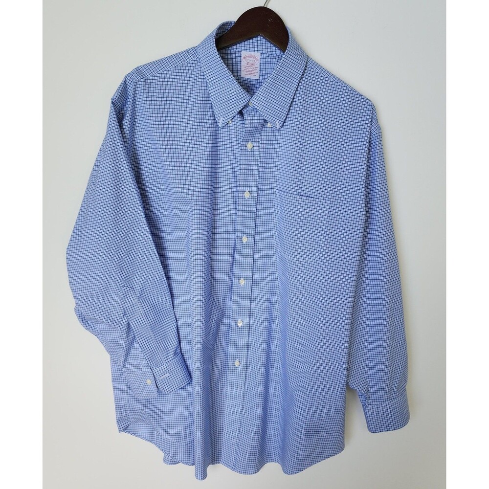 Brooks Brothers 17.5/33 Blue Button Down Shirt Plaid Traditional Supima Cotton